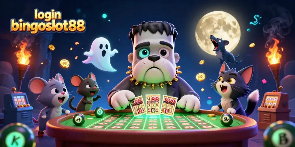 Gambar unik login bingoslot88 dengan karakter bingo yang menakutkan dan peralatan permainan yang menarik.