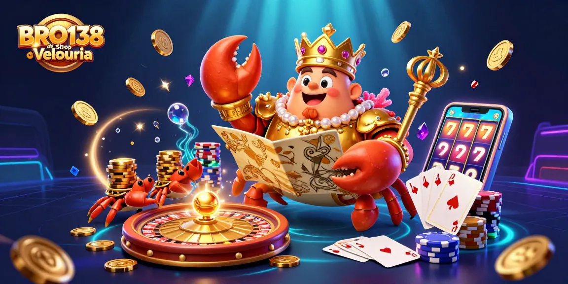 BRO138 di Shop Velouria showcases a golden crab emperor, vibrant casino elements, and rich sparkling details.