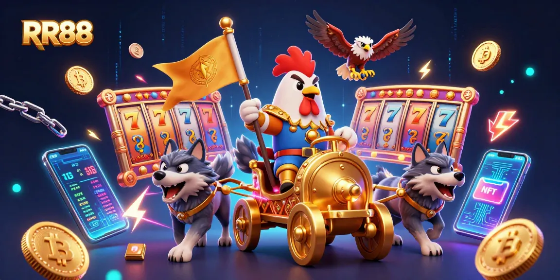 Spin to win with RR88's vibrant casino scene featuring a rooster warlord, golden coins, and thrilling game elements.