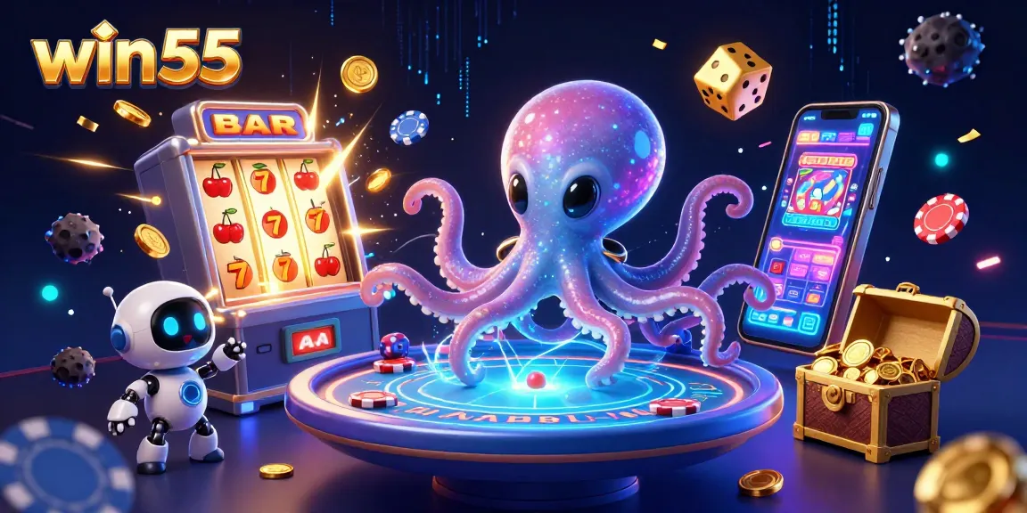 Win55 entertains players with an alien octopus at a vibrant poker table amid dazzling casino elements.