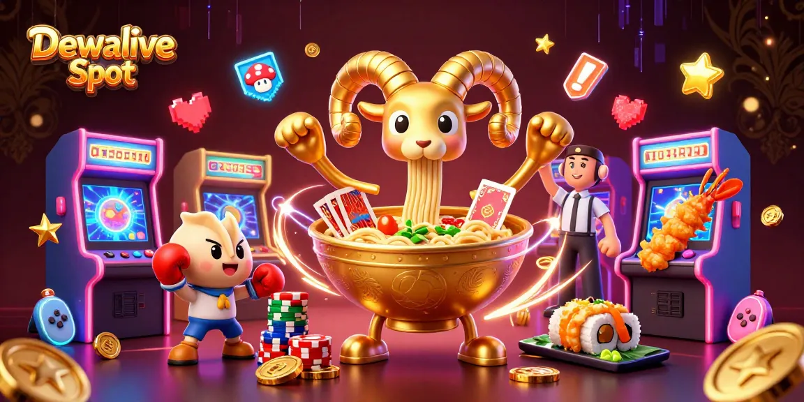 Dewalive Slot captures a vibrant scene with a giant ramen bowl character dealing cards and celebrating with sushi dealers.