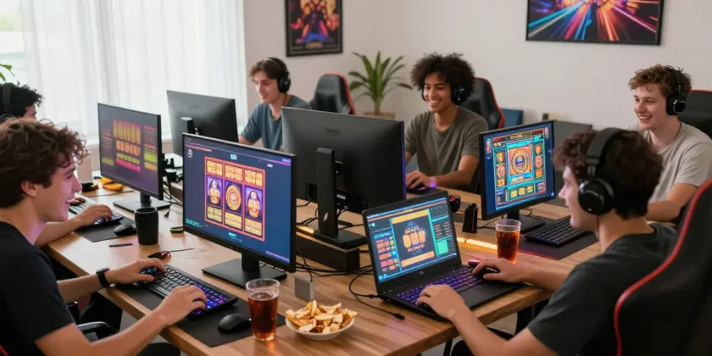 Players enjoying an online slot game on computers, highlighting excitement and colorful graphics.