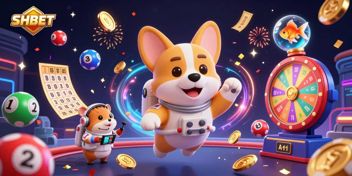 Engage in betting at SHBET with a dynamic 3D casino illustration featuring colorful lottery elements.