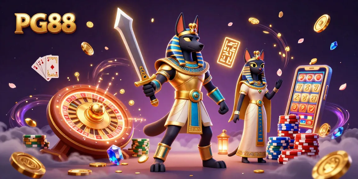 Experience the thrill of PG88 with majestic Anubis and Bastet in a vibrant casino world.
