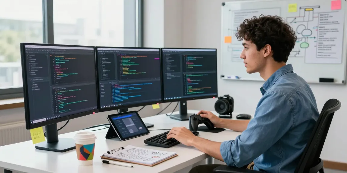 Developer focused on coding and simulation while manipulating a joystick in a modern workspace, emphasizing the integration of slot technology.