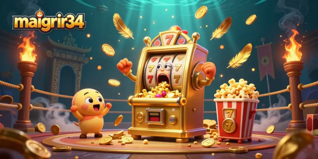 Maigrir34 fait vibrer le jackpot, avec des machines à sous dorées et des pièces d'or s'envolant dans un décor de casino animé.