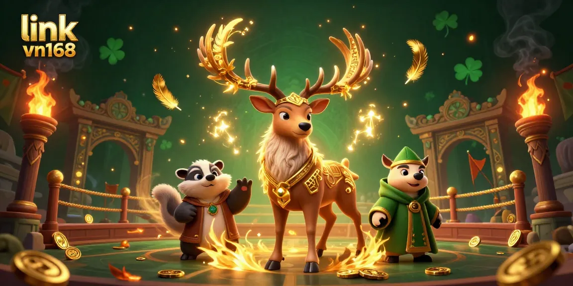 Bet on big wins at link vn168 with a vibrant scene of a Celtic stag, badger, and gaming elements.