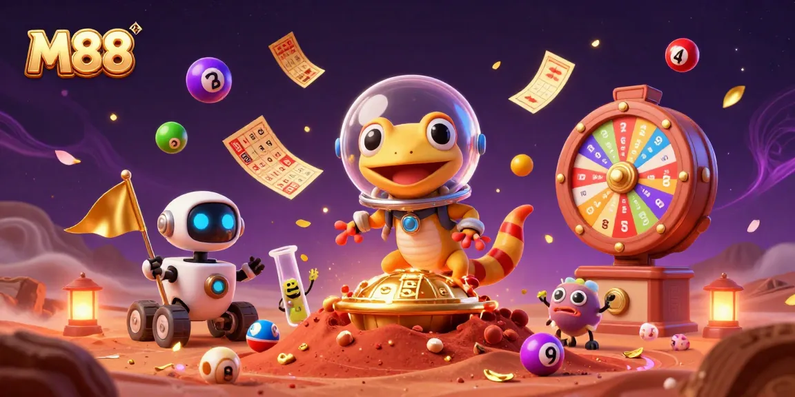 M88 menggambarkan gecko Mars beruang helm gelembung menjelajahi kasino emas, diapit tiket dan bola lotere.
