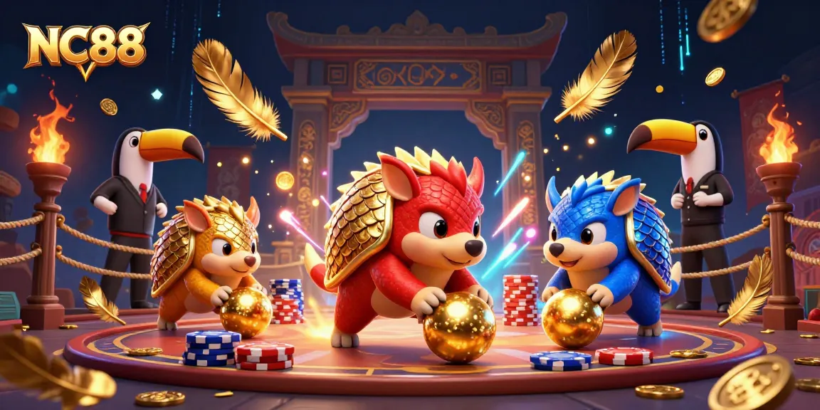 Engage in exciting gameplay at NC88 with animated pangolin rivals rolling through poker chips and gold coins.