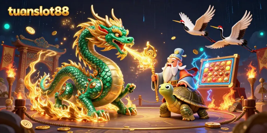 Gamer dari tuanslot88 merasakan keberuntungan melalui ilustrasi naga zamrud dan simbol jackpot yang mewarnai permainan.
