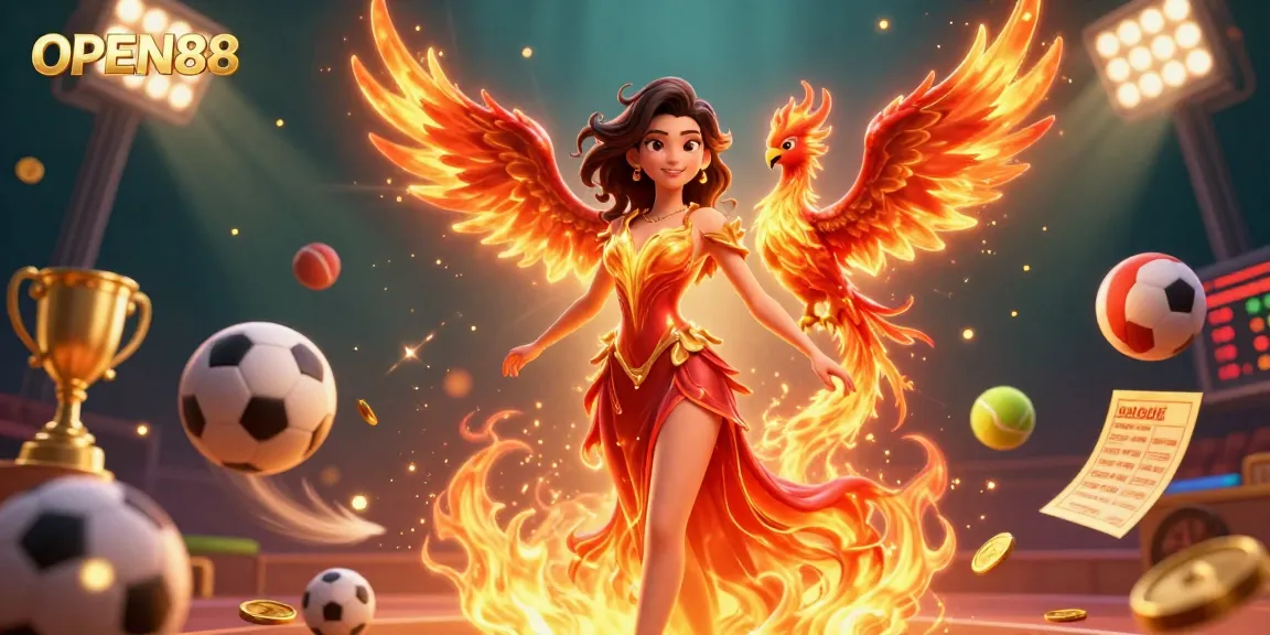 Bet on your fortune with OPEN88's stunning casino illustration featuring a fiery scene.