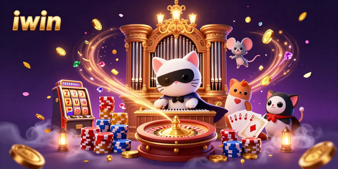 Play vibrant iwin slots with a charismatic cat and acrobatic mouse in a dynamic casino scene.