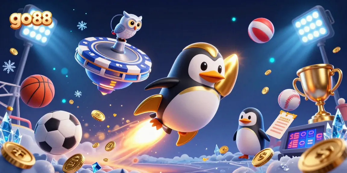 Experience thrilling gaming action with go 88 as a golden penguin navigates a vibrant casino-themed space.