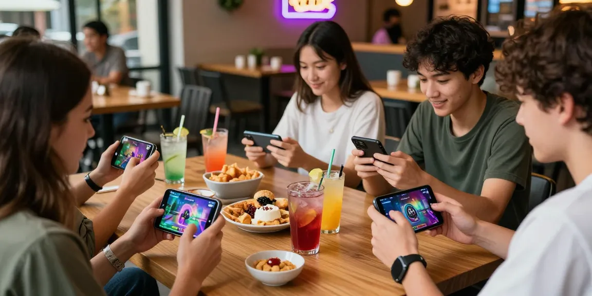 Group enjoying the latest APK games at a café with vibrant atmosphere.