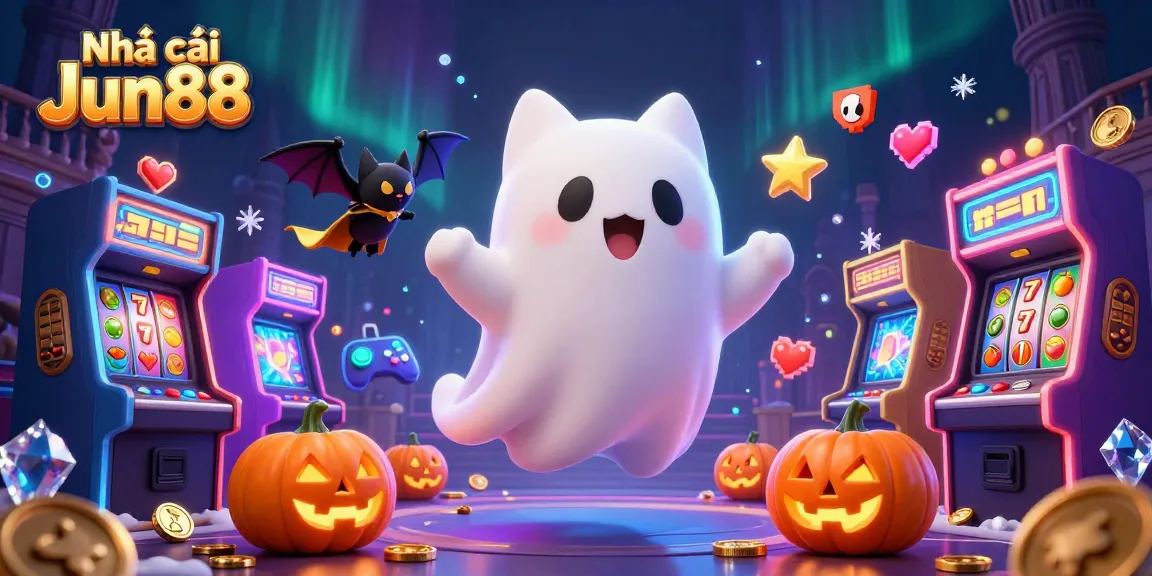 Engage with the thrilling world of Nhà cái Jun88, where a ghostly cat and vampire bat explore a haunted casino.
