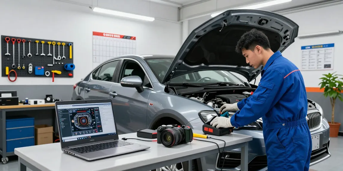 Mechanic diagnosing vehicle with advanced tools in a workshop, showcasing expertise in depo 5000.