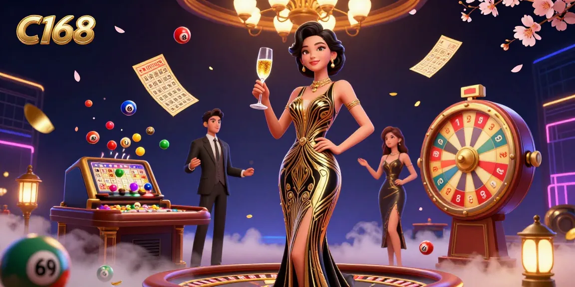 Experience winning strategies with C168 in this vibrant 3D illustration of a casino scene.