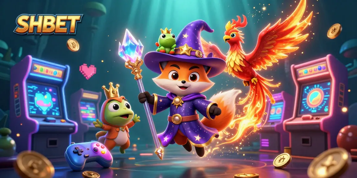 Engage with SHBET in this vibrant 3D casino illustration showcasing a mystical fox wizard and phoenix.