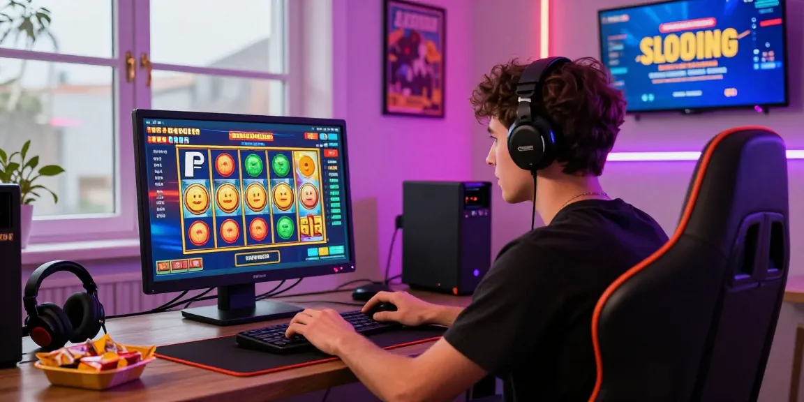 Slot gacor fujiwin88 menampilkan pemain tersenyum saat bermain mesin slot di lingkungan gaming modern dengan cincin LED berwarna-warni.