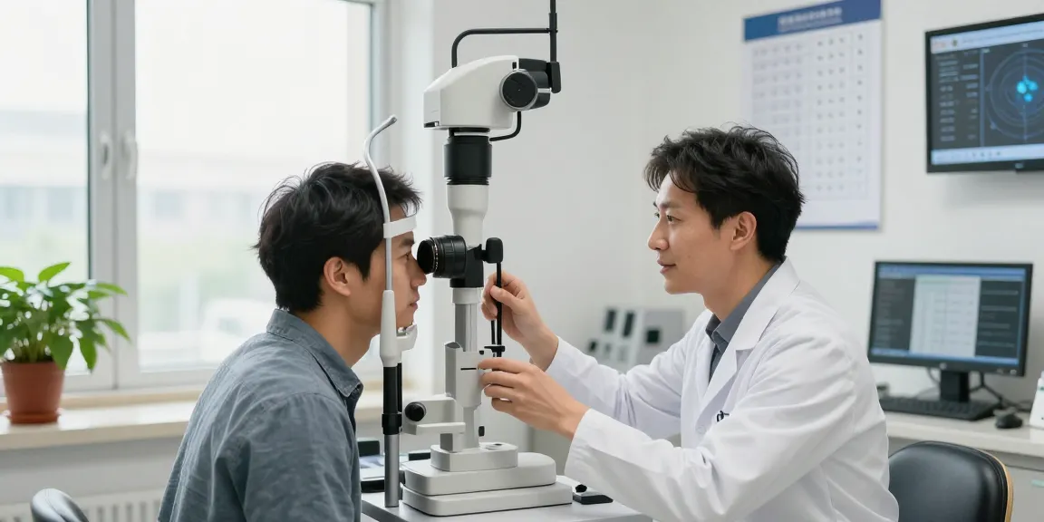 SNU Eye Clinic eye examination scene with advanced diagnostic tools and a healthcare professional assisting a patient.