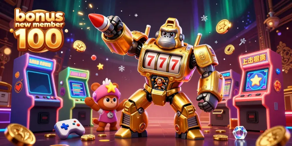 Experience the thrill of bonus new member 100 through an explosive casino adventure with a golden gorilla mech.