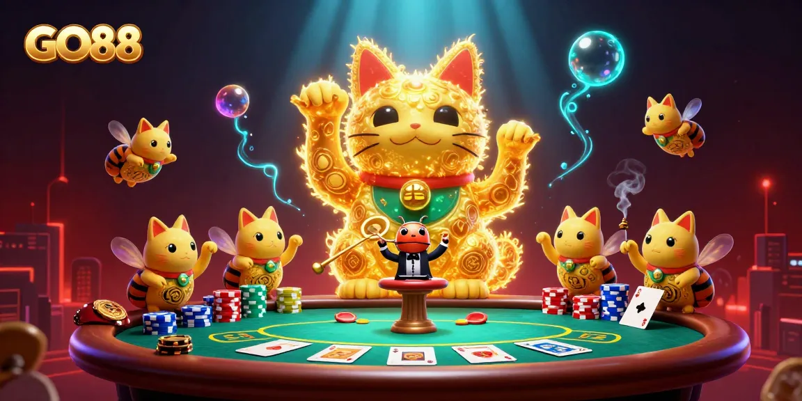 Spin the reels and enjoy GO88's exciting gameplay featuring a dynamic lucky cat and poker elements.