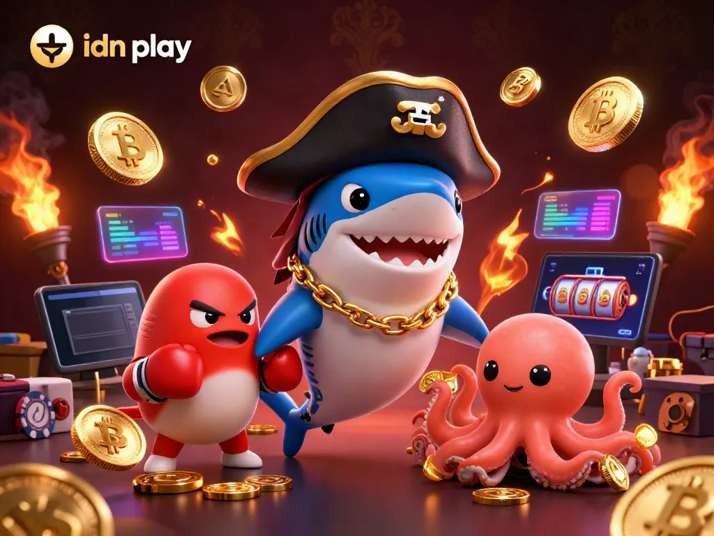 Engage in thrilling idn play with a cartoon pirate shark, a boxing pufferfish, and an octopus holding coins.