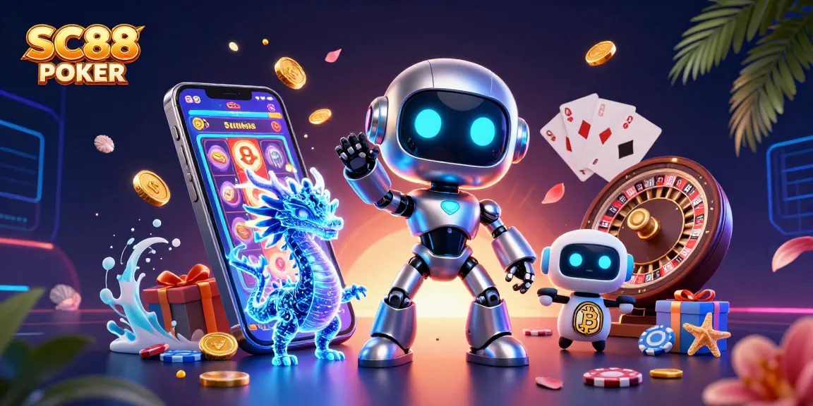 Experience SC88 POKER excitement with a cyberpunk character, holographic dragon, and Bitcoin-themed elements.