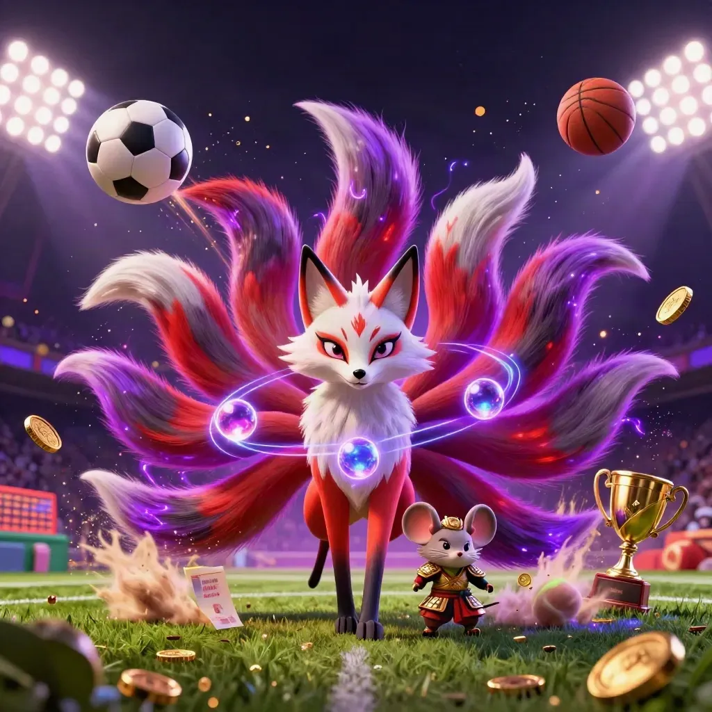 Neon fox spirit and armored mouse amid flying sports balls, coins, and purple stadium light.