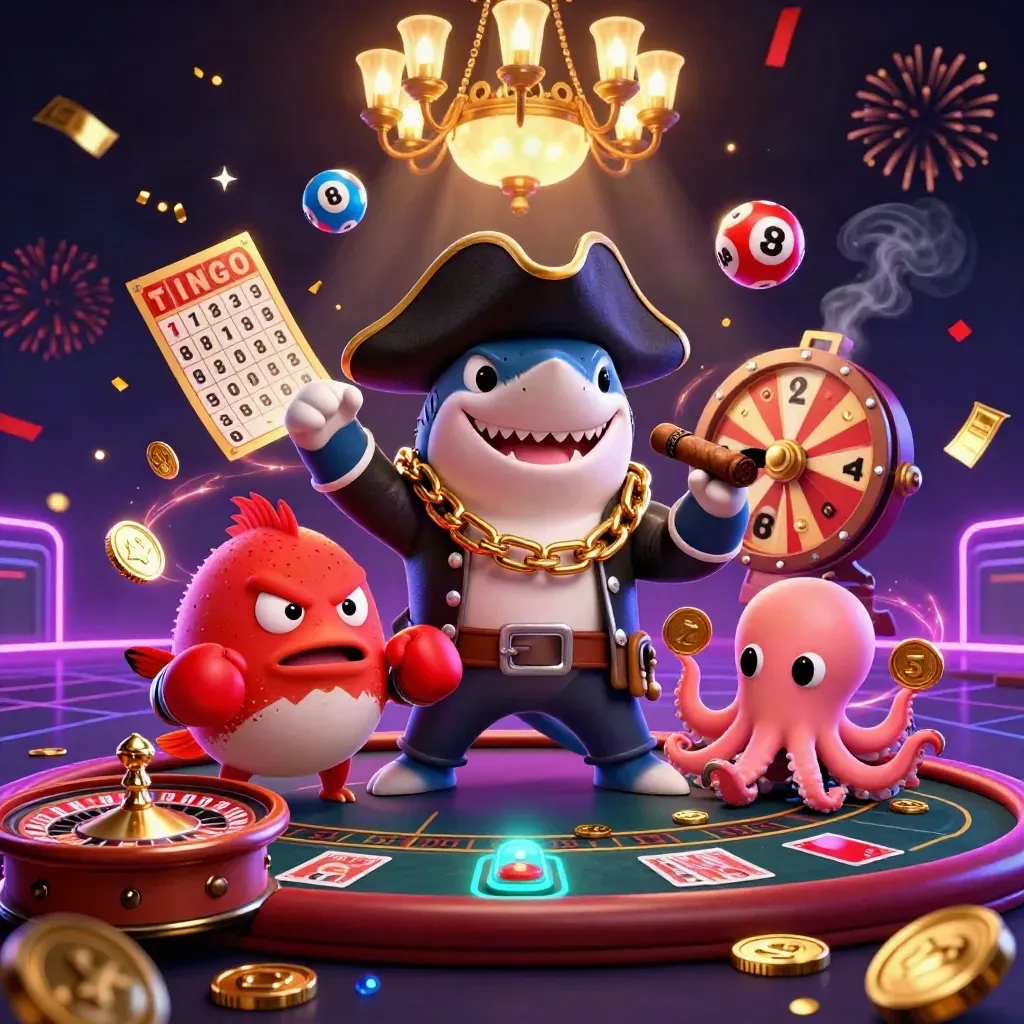 Pirate shark, pufferfish, and octopus in a neon casino scene with spinning prize elements.