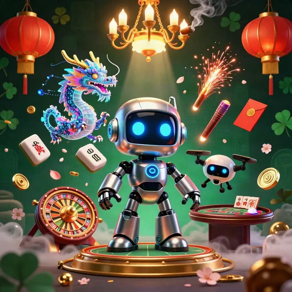 Cyberpunk robot, holographic dragon, and drone amid casino magic and glowing tiles