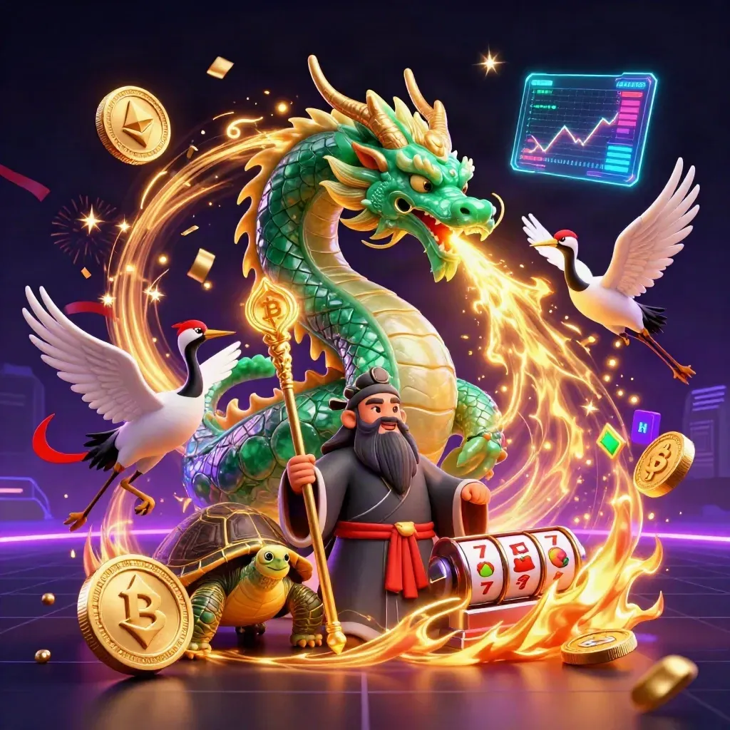 Emerald dragon, turtle sage, and cranes amid casino magic, coins, fire, and neon effects.