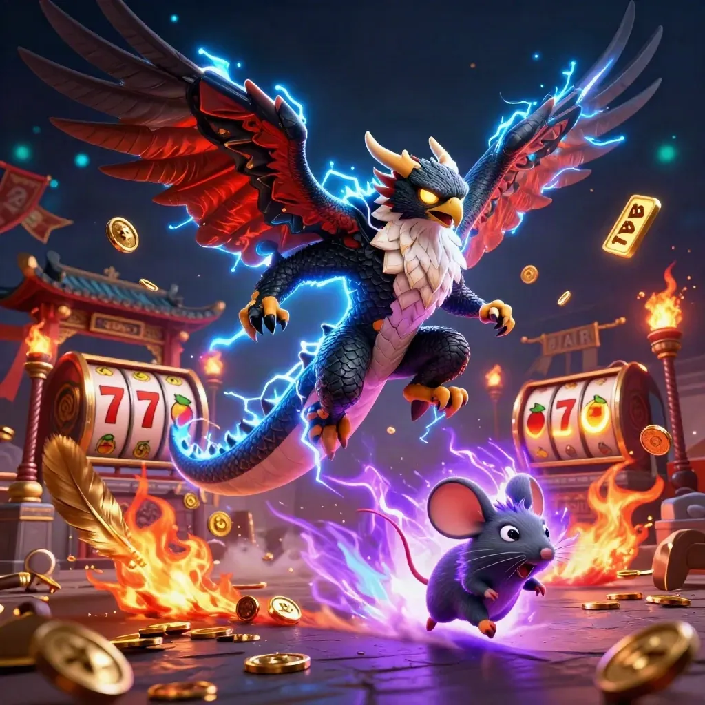 Thunder dragon, wind hawk, and static mouse burst amid casino relics and glowing particles.