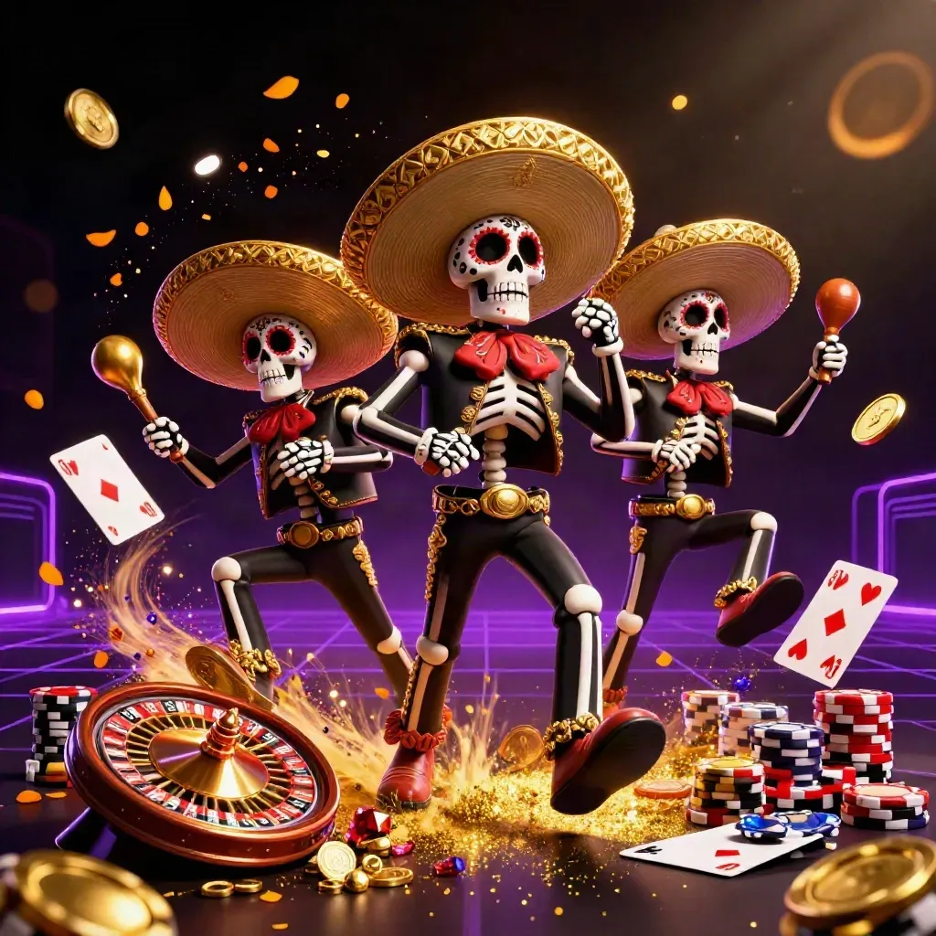 Three skeleton mariachi heroes amid gold coins, gems, and neon casino glow.