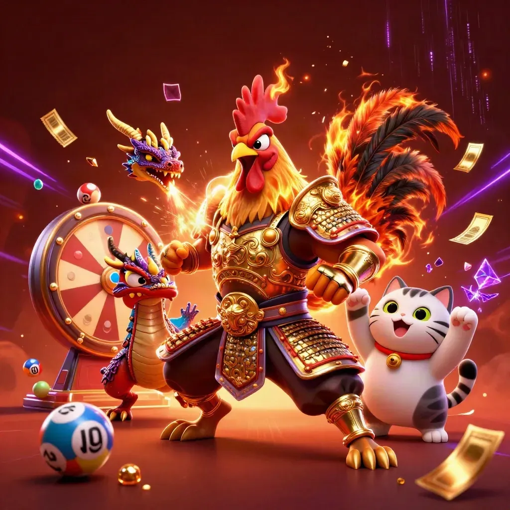 Rooster warrior, spark-breathing dragon hatchling, and fortune cat amid neon casino chaos.