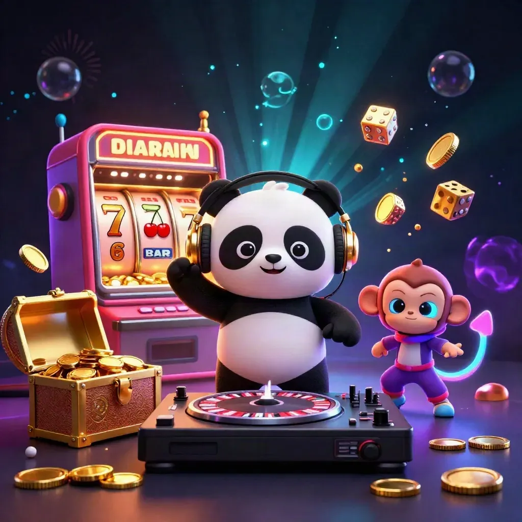 DJ panda, monkey, and glow kitten amid bursting slots, gold coins, and fireworks