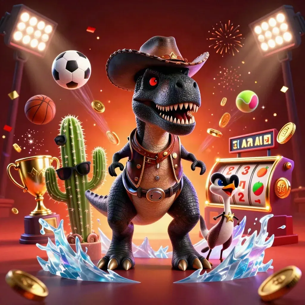 Cowboy T-Rex, cactus sidekick, and roadrunner amid coins, reels, and fiery casino effects.