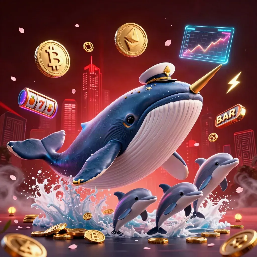 Whale captain, narwhal, and dolphins burst from coins amid neon slot chaos in dark cinematic casino art.