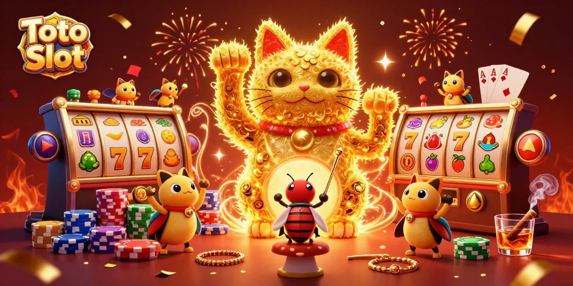 Menangkan Toto Slot dengan simbol keberuntungan dan kucing beruntung dalam suasana ceria.