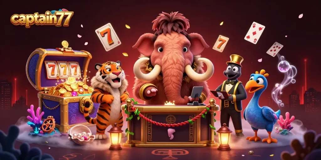 Join captain77 at a vibrant casino scene with wild characters and exciting gaming elements.