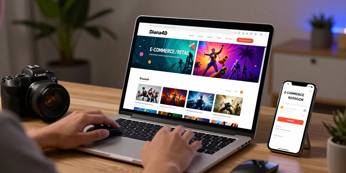 Pengguna menjelajahi Diana4D, situs game online, dengan laptop dan smartphone, dalam suasana nyaman.