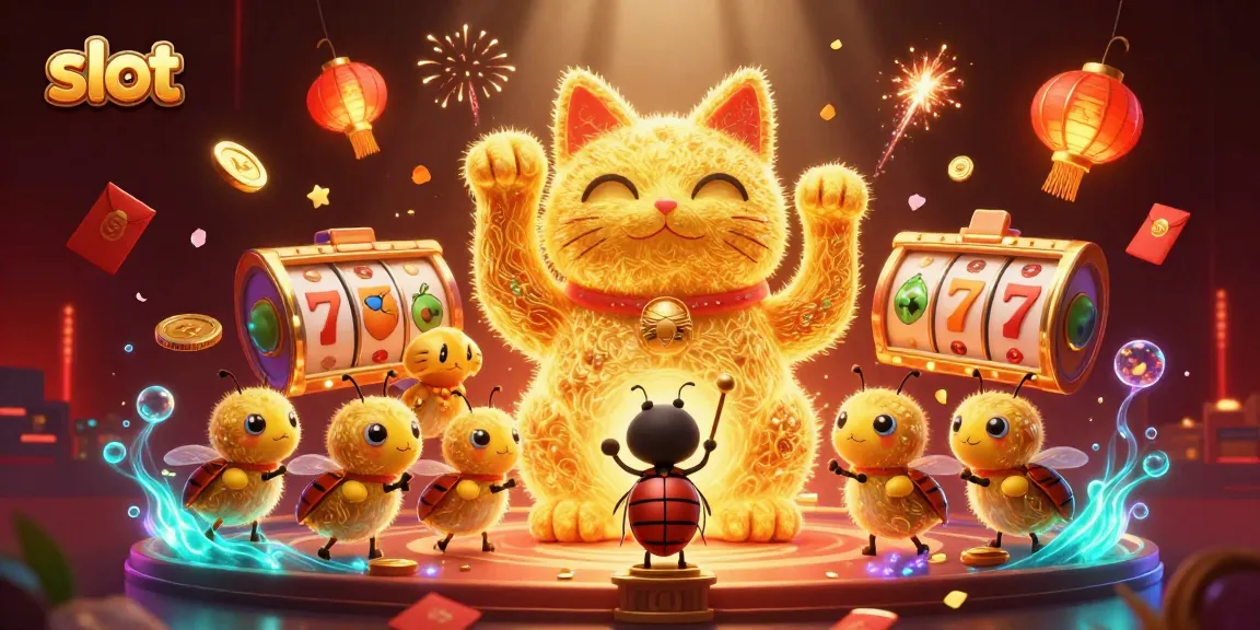 Slot yang menarik dalam ilustrasi penuh warna dengan simbol keberuntungan dan jackpot.