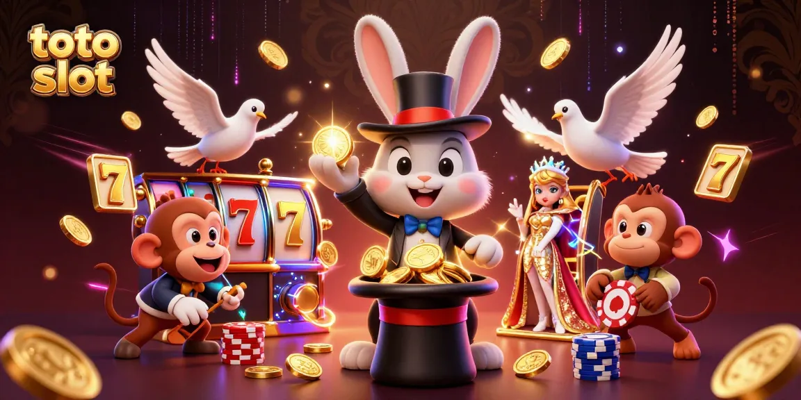 Win with toto slot: A whimsical illustration showcasing a magician rabbit and characters amid gold coins and slot reels.