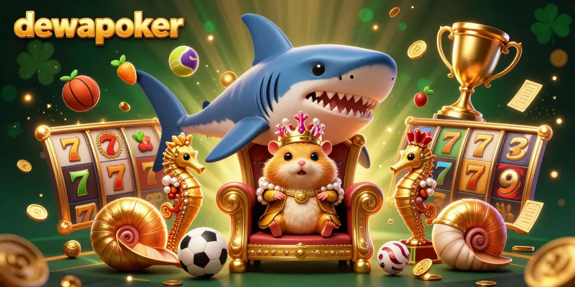 Dewapoker menyajikan ilustrasi 3D mewah dengan raja hamster emas di atas mahkota karang dalam suasana jackpot slot.