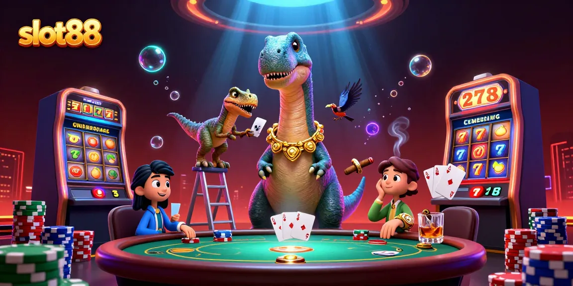 Slot88 mempromosikan permainan slot dengan karakter lucu dalam ilustrasi kasino 3D.
