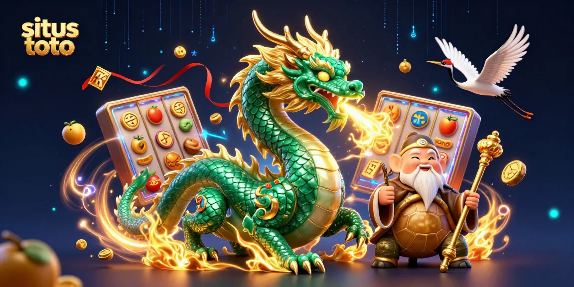 Engage in situs toto adventure with a vibrant and dynamic 3D illustration showcasing magical creatures and gambling elements.