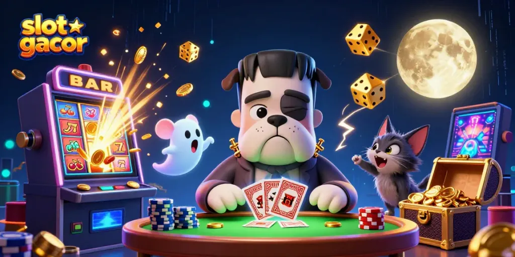 Gambarkan slot gacor yang menarik dengan karakter monster dan kemewahan kasino.