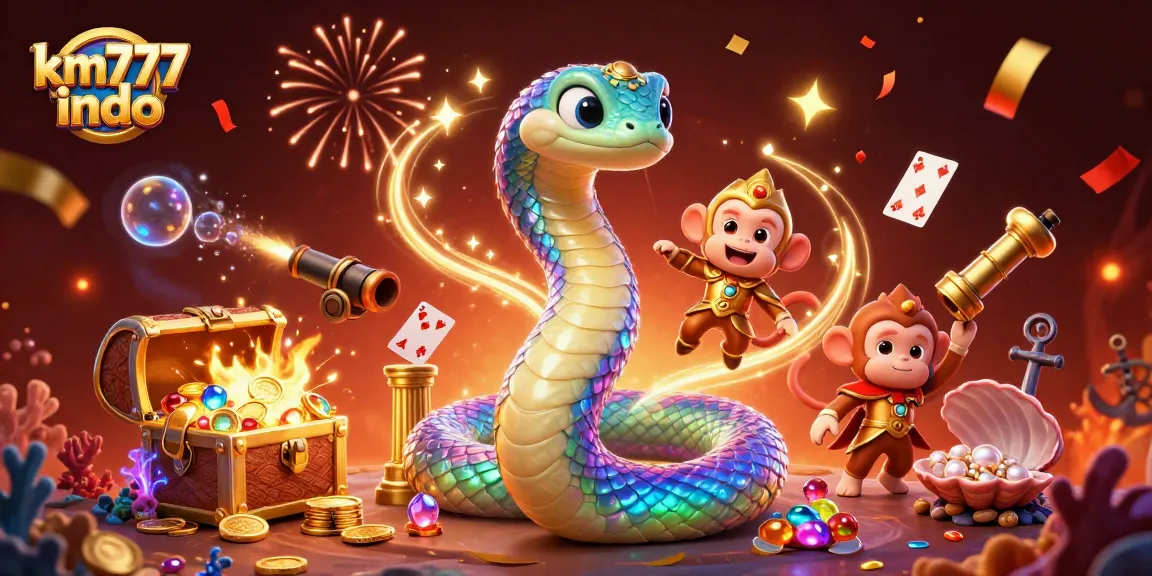 Engage with km777 indo's vibrant casino world featuring a rainbow serpent and treasure.