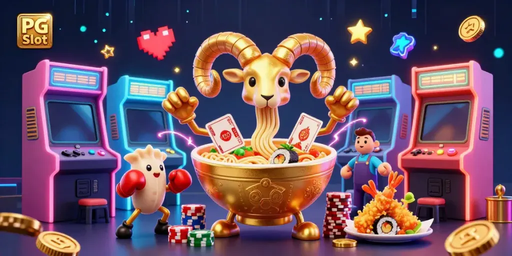 Experience PG Slot excitement with a vibrant 3D scene featuring dynamic characters and casino elements.