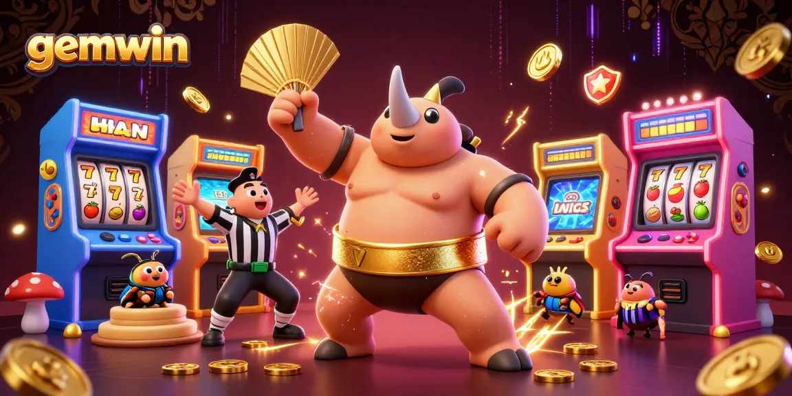 Experience gemwin's exciting gameplay with a dynamic casino illustration featuring a sumo beetle champion.